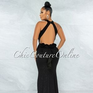 ✨Chic Couture Black Shimmer Mermaid Maxi Dress w/ Rose Appliqué–Size Large (NWT)